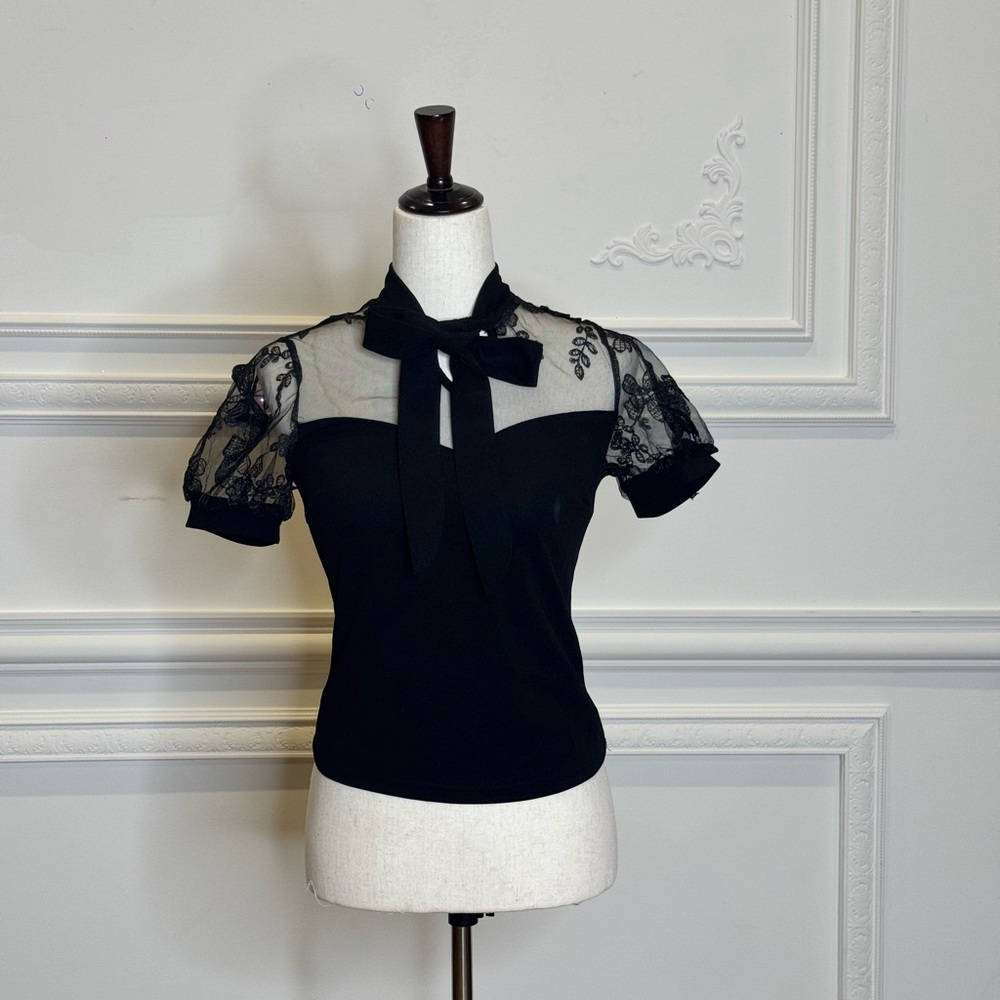 SHEIN Black Lace Sleeve Bow Top